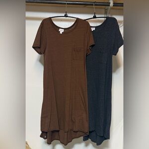 2 LuLaRoe Charcoal Gray and Brown Carly T-Shirt Dresses